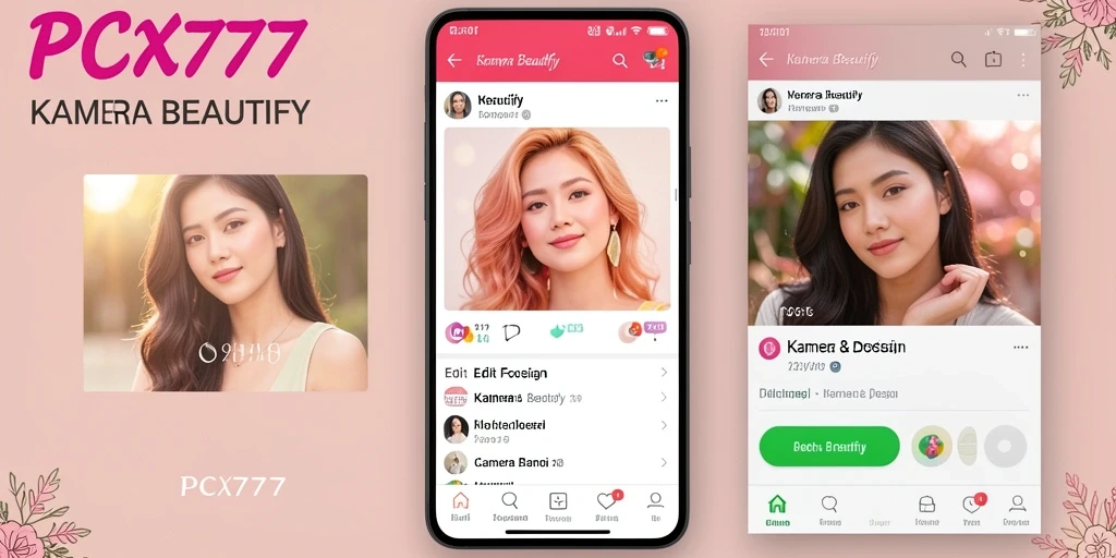 Antarmuka aplikasi PCX777 dengan fungsi Kamera Beautify yang menarik.